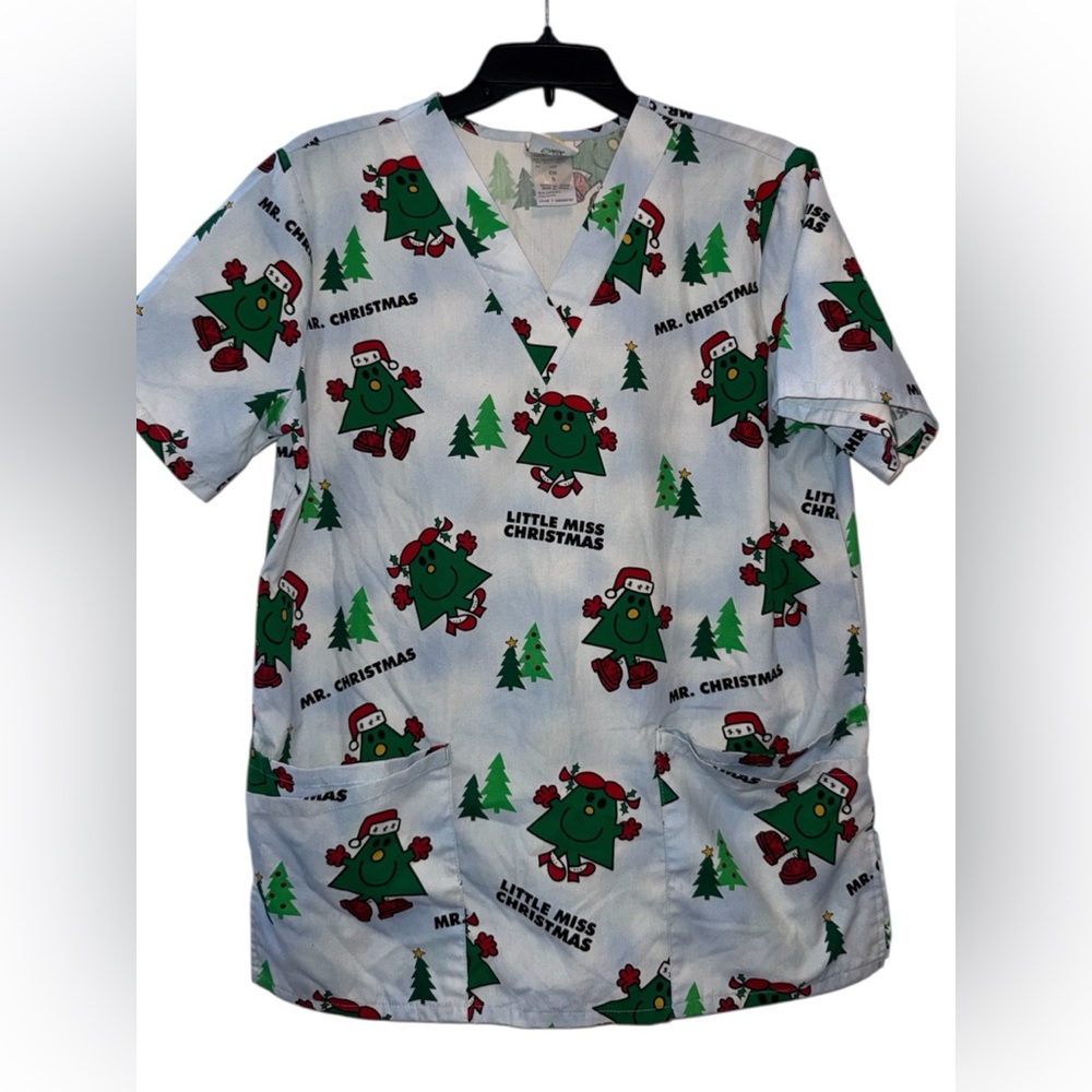 Mr. Men and Little Miss Holiday Festive Christmas Tree Women’s Scrub Top